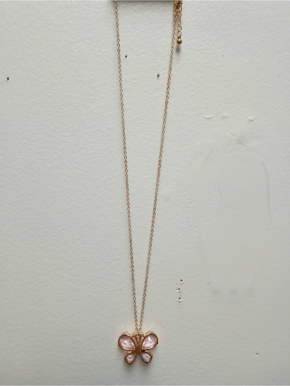 Delicate Rose GoldtoneButterfly Pendant Necklace with Pale Pink Stones 16” w/ext